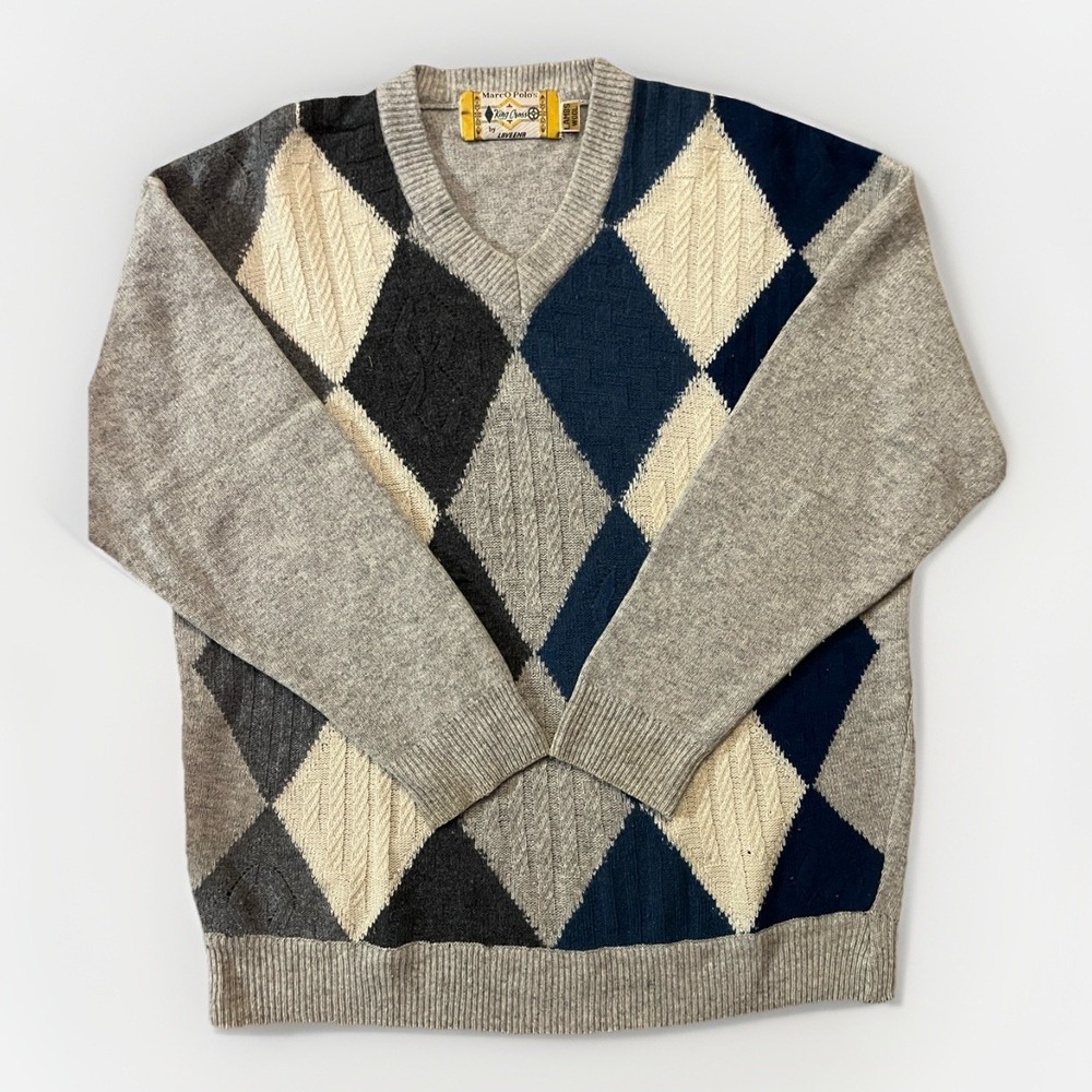 Vtg 80s Mens Lambs Wool Sweater Marco Polo's King Cross Argyle Geometric Pattern